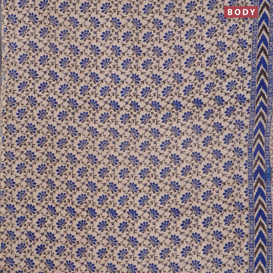 Kalamkari cotton saree beige and blue with floral prints and printed border
