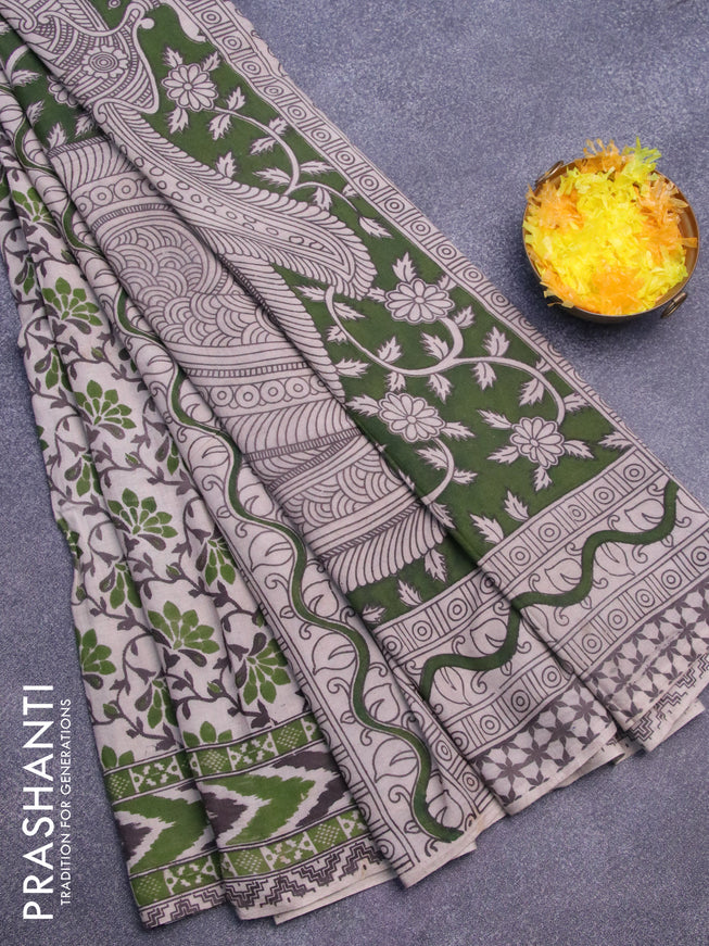 Kalamkari cotton saree beige and green with floral prints and printed border