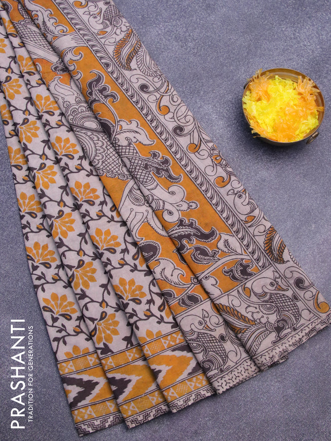 Kalamkari cotton saree beige and yellow with floral prints and printed border