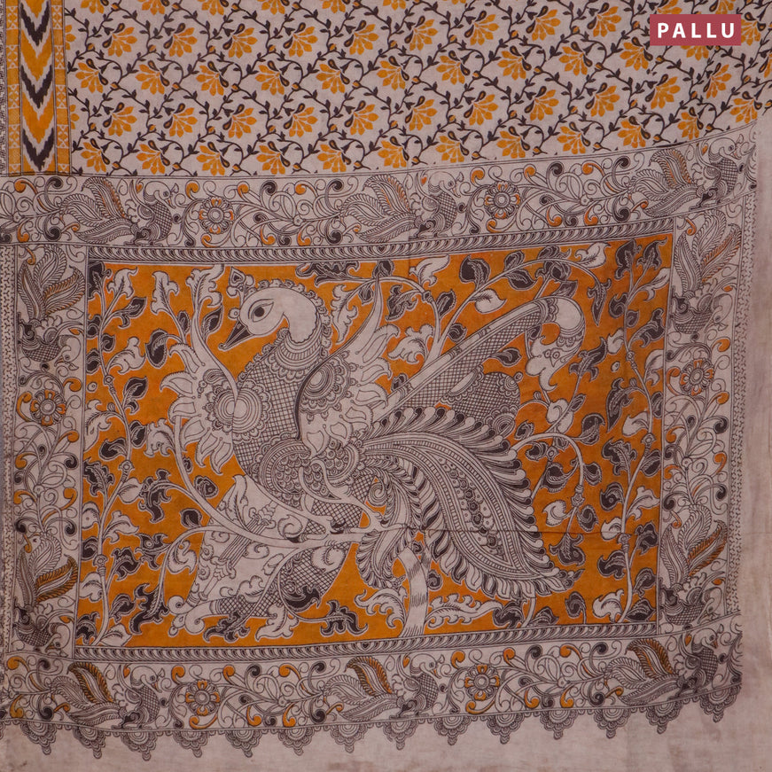Kalamkari cotton saree beige and yellow with floral prints and printed border
