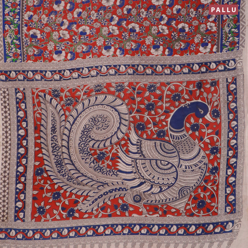Kalamkari cotton saree red and blue with allover prints and printed border