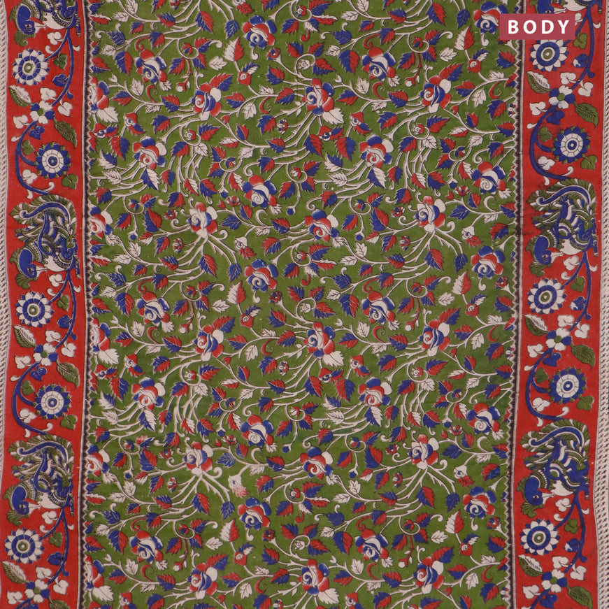 Kalamkari cotton saree sap green and maroon with allover prints and printed border