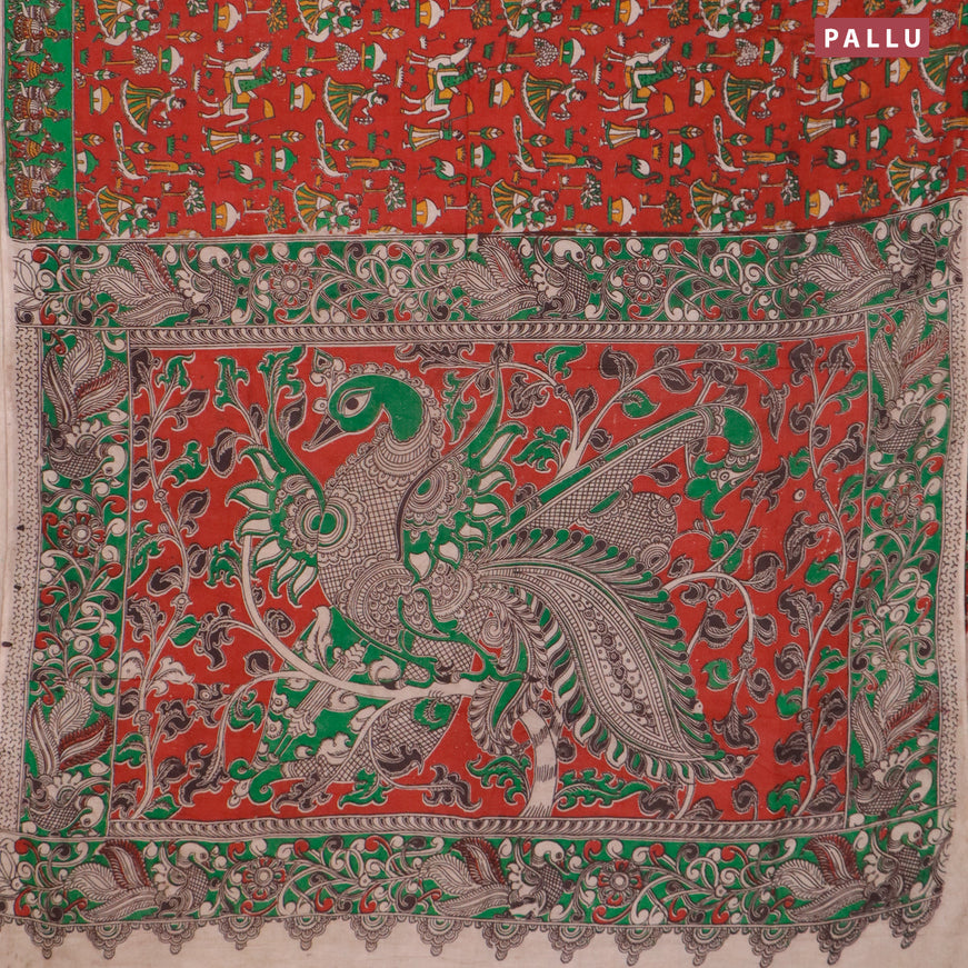 Kalamkari cotton saree maroon and green with allover prints and printed border
