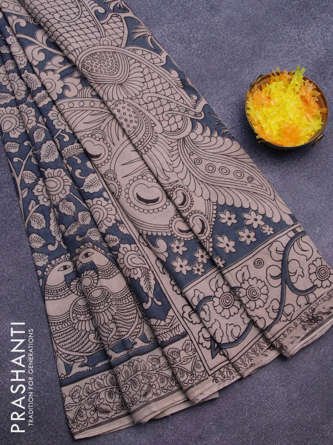 Kalamkari cotton saree grey and beige with allover prints and printed border
