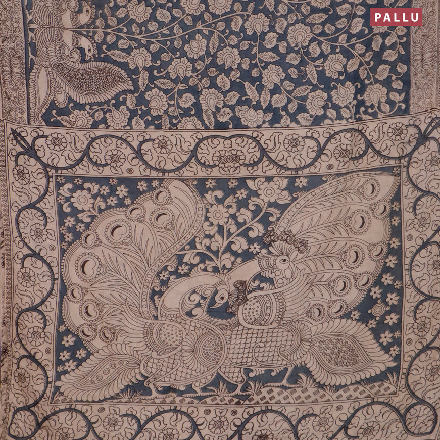 Kalamkari cotton saree grey and beige with allover prints and printed border