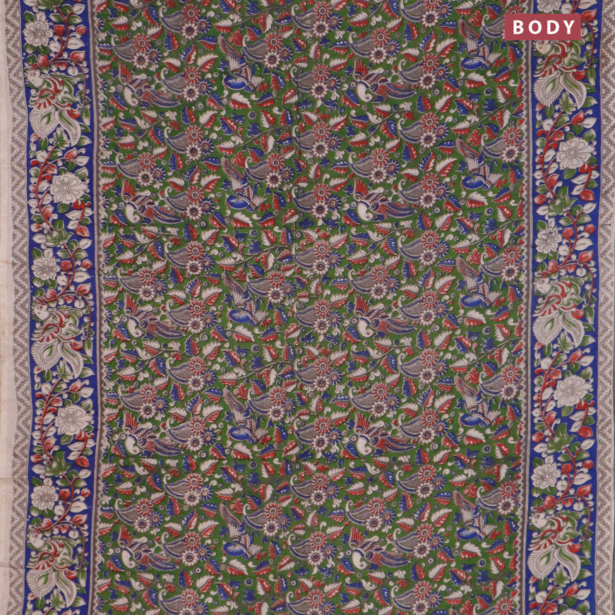 Kalamkari cotton saree green and blue with allover prints and printed border