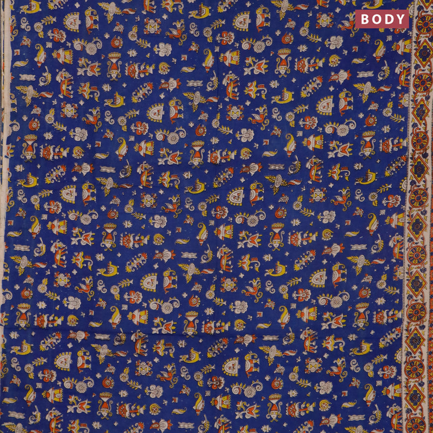Kalamkari cotton saree blue and beige with allover prints and printed border