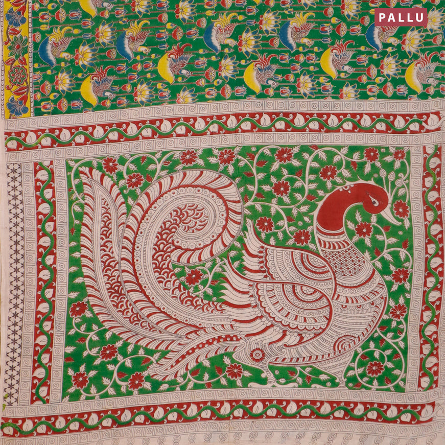 Kalamkari cotton saree green and yellow with pichwai prints and printed border