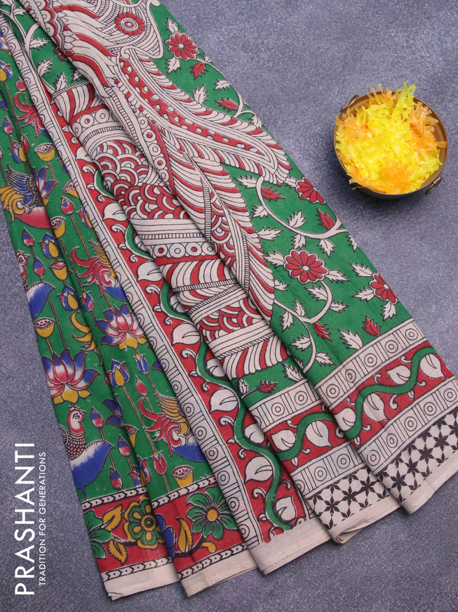 Kalamkari cotton saree green and maroon with pichwai prints and printed border