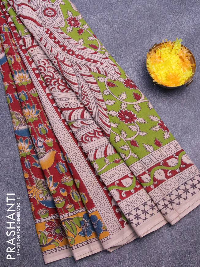 Kalamkari cotton saree maroon and yellow with pichwai prints and printed border