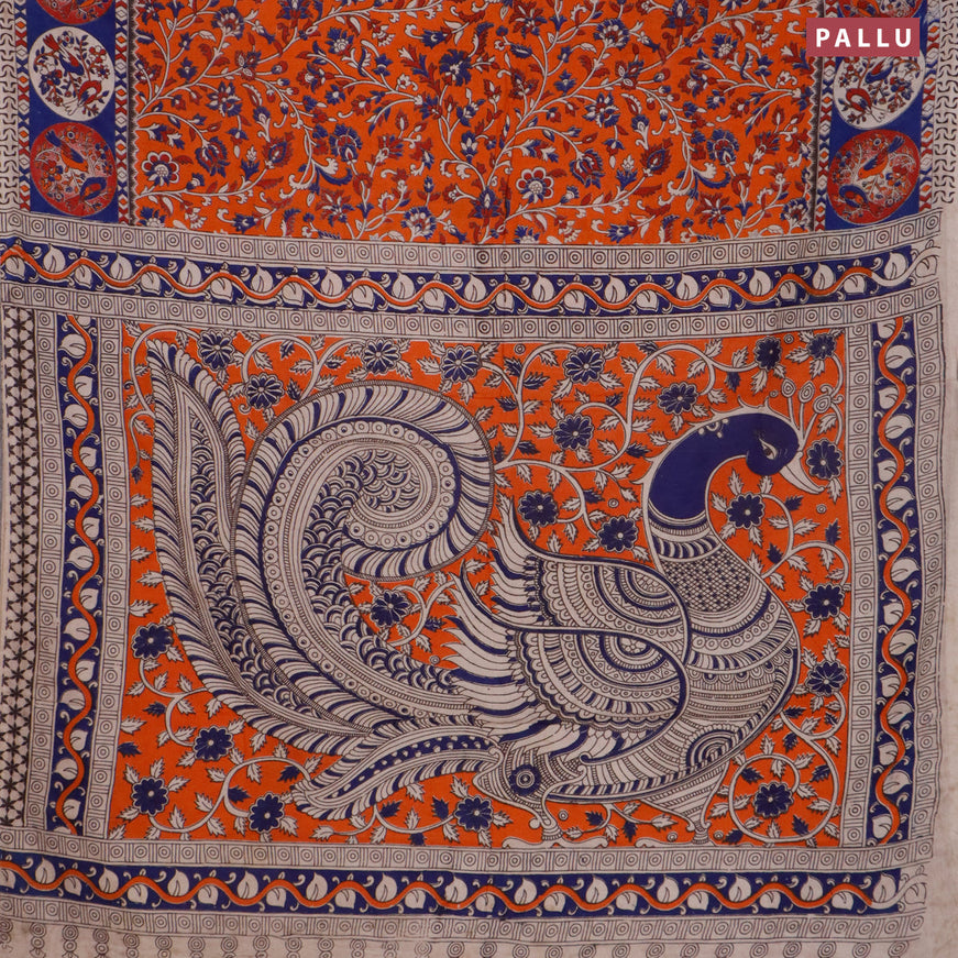 Kalamkari cotton saree orange and blue with allover prints and printed border