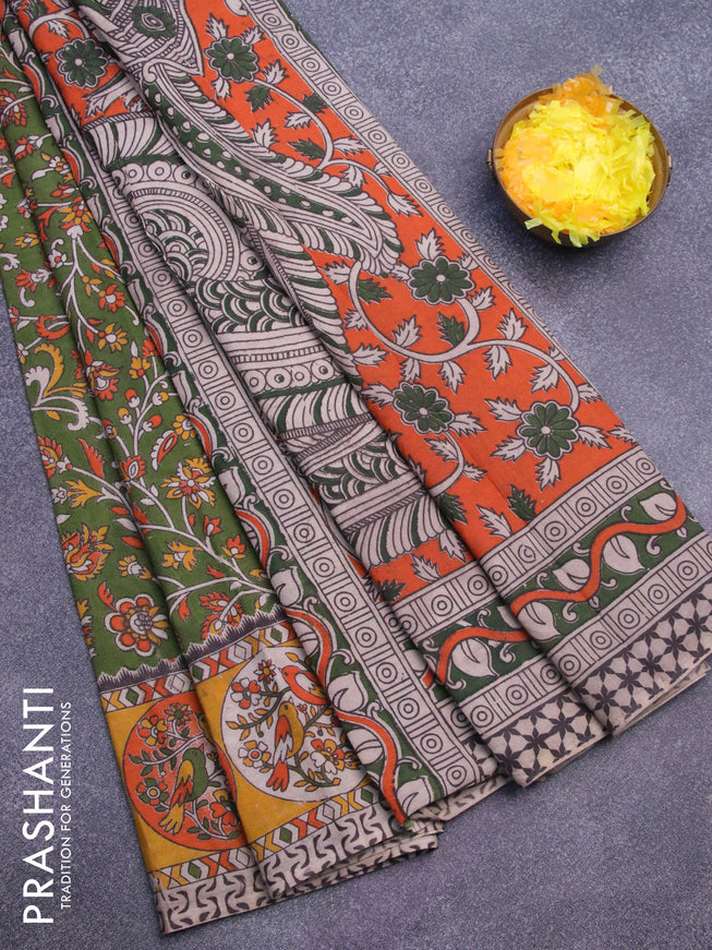 Kalamkari cotton saree green and mustard yellow with allover prints and printed border
