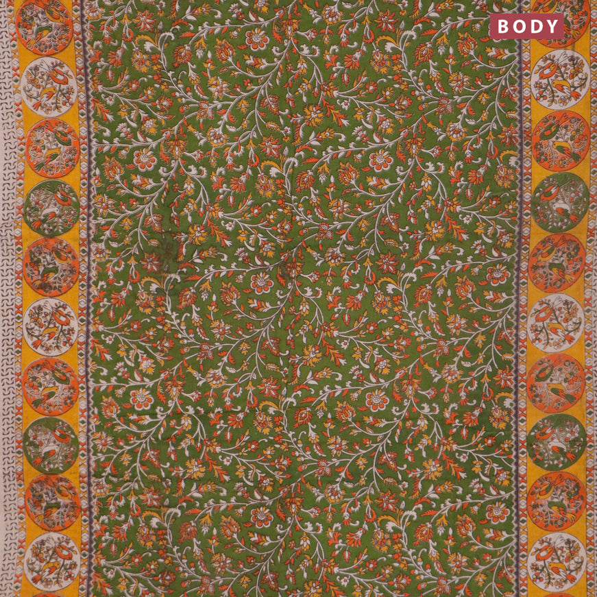 Kalamkari cotton saree green and mustard yellow with allover prints and printed border