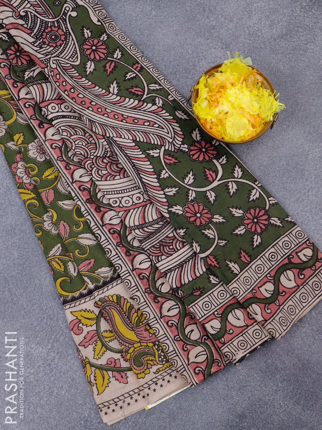 Kalamkari cotton saree sap green and beige with allover prints and printed border