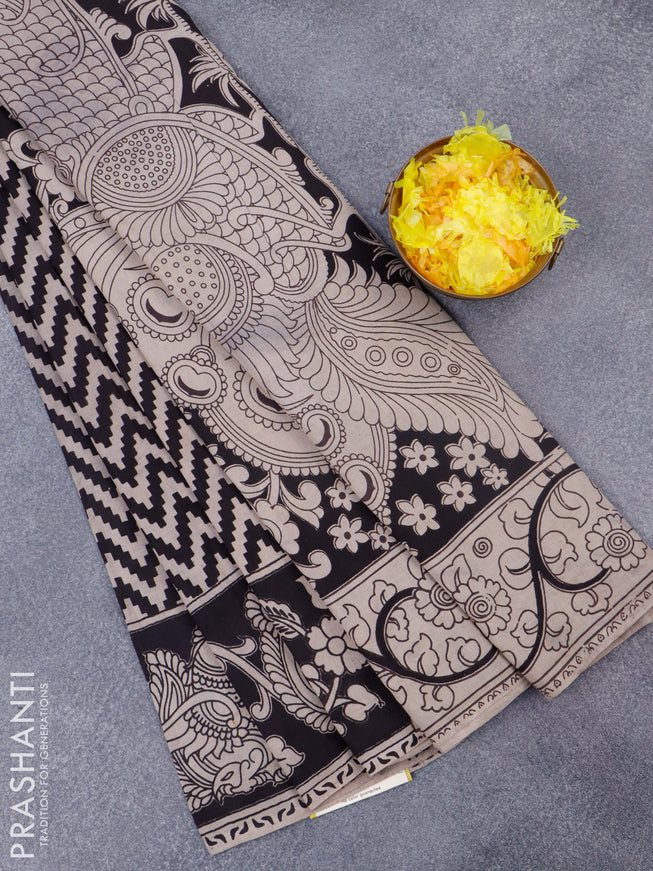 Kalamkari cotton saree beige and black with zig zag prints and printed border