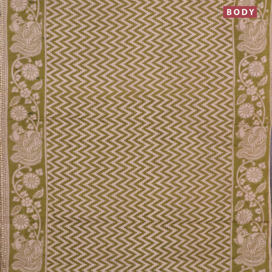Kalamkari cotton saree beige and mehendi green with zig zag prints and printed border