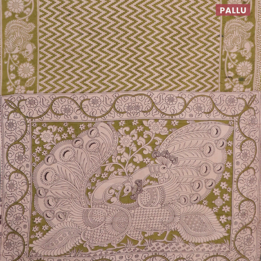 Kalamkari cotton saree beige and mehendi green with zig zag prints and printed border