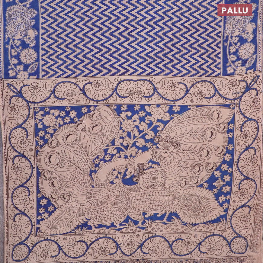 Kalamkari cotton saree beige and blue with zig zag prints and printed border