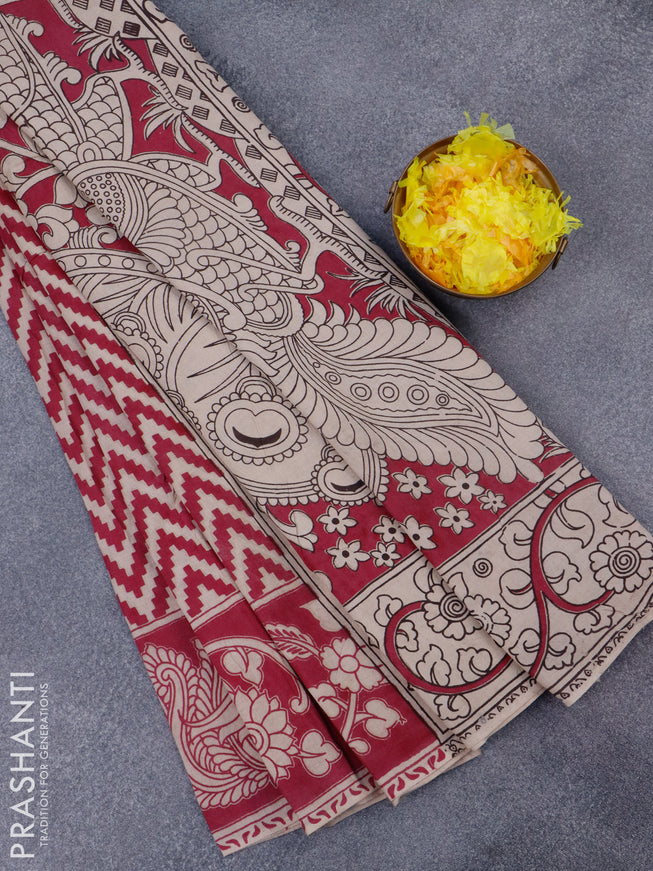 Kalamkari cotton saree beige and magenta pink with zig zag prints and printed border