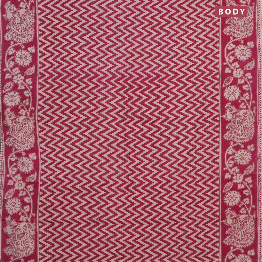 Kalamkari cotton saree beige and magenta pink with zig zag prints and printed border