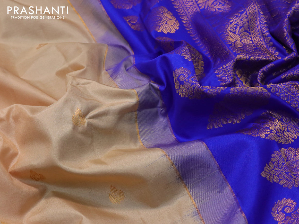 Pure gadwal silk saree sandal and blue with zari woven buttas and temple design zari woven border