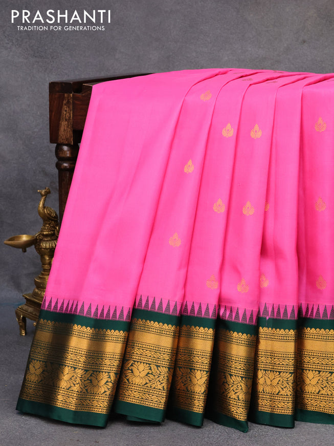 Pure gadwal silk saree light pink and dark green with zari woven buttas and temple design zari woven border
