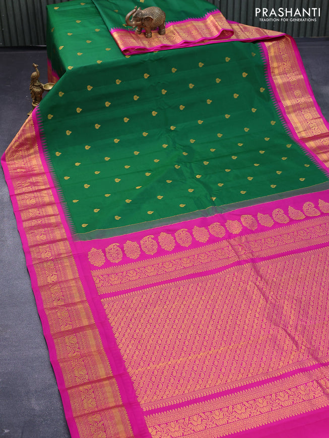 Pure gadwal silk saree green and pink with zari woven buttas and temple design zari woven border