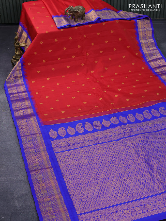 Pure gadwal silk saree red and blue with zari woven buttas and temple design zari woven border
