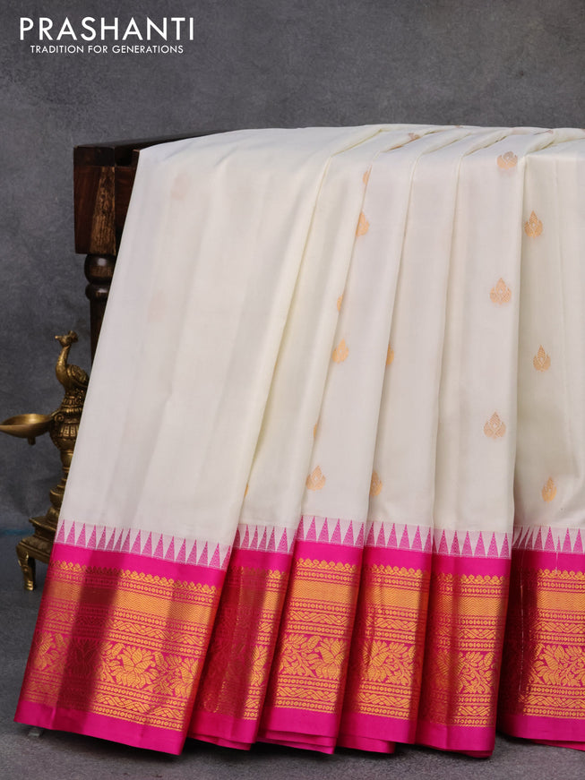 Pure gadwal silk saree off white and pink with zari woven buttas and temple design zari woven border