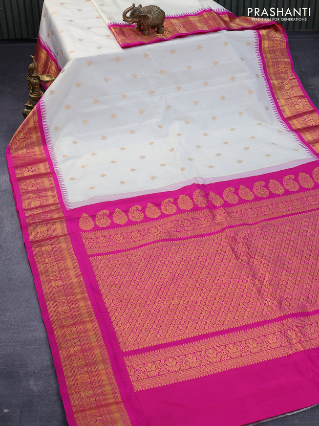 Pure gadwal silk saree off white and pink with zari woven buttas and temple design zari woven border