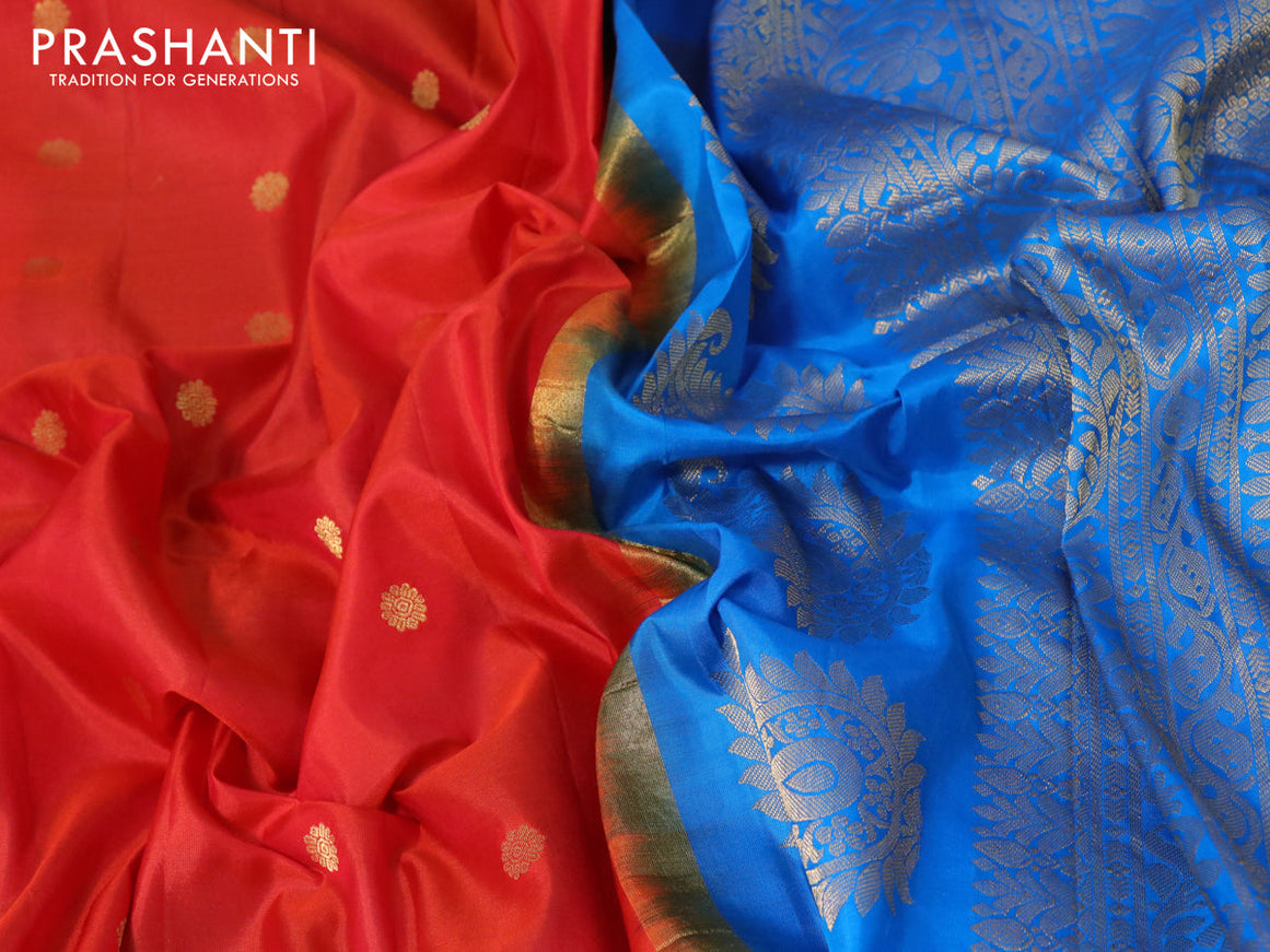 Pure gadwal silk saree orange and cs blue with zari woven buttas and ganga jamuna border
