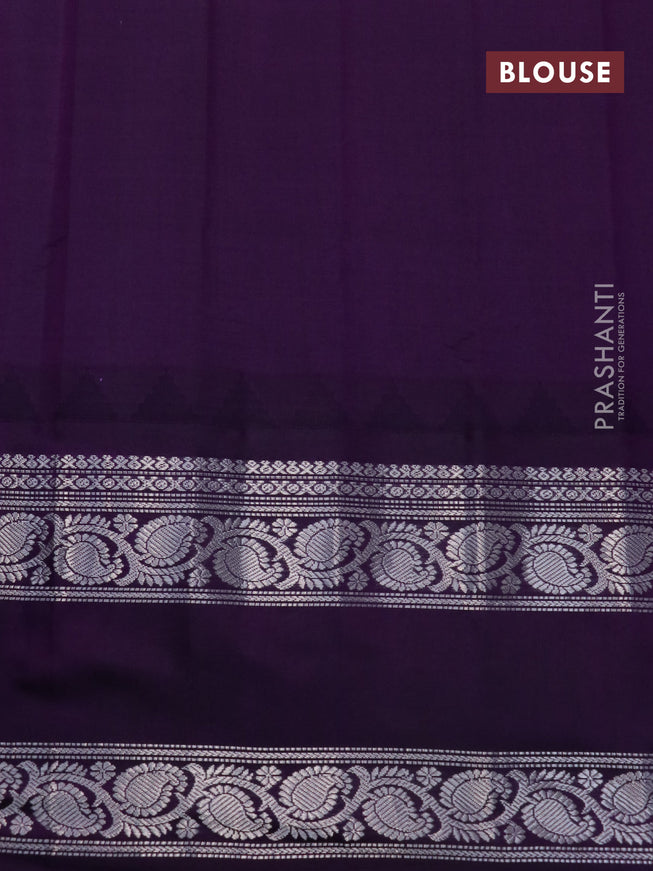Pure gadwal silk saree dual shade of grey and deep purple with allover stripes pattern and rettapet silver zari woven border