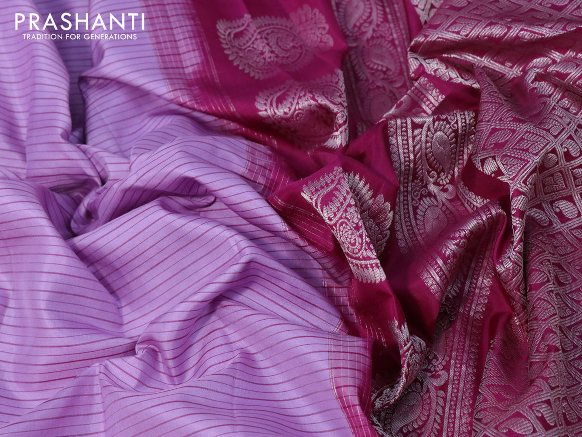 Pure gadwal silk saree mild purple and purple with allover stripes pattern and rettapet silver zari woven border