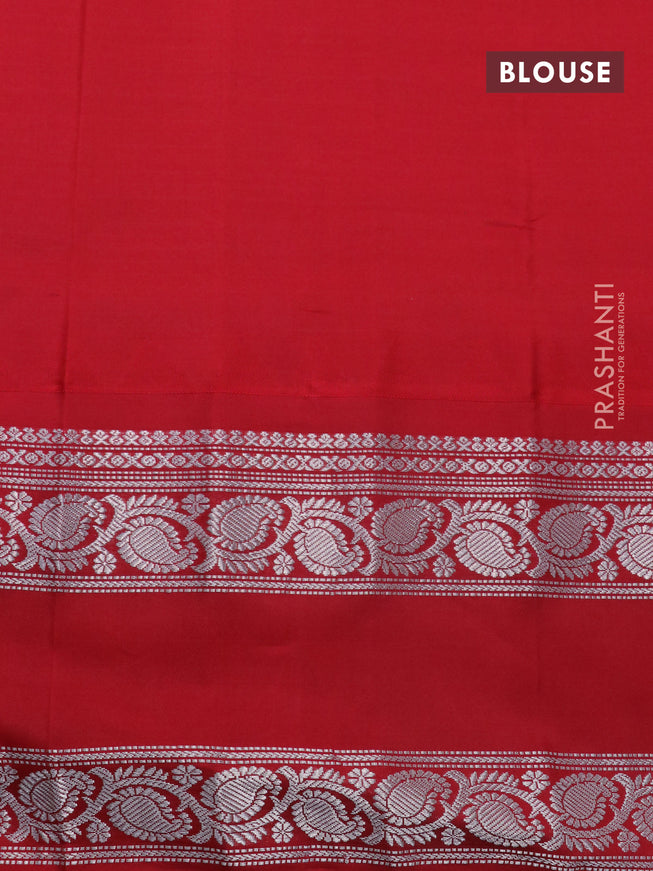 Pure gadwal silk saree pista green and red with allover stripes pattern and rettapet silver zari woven border
