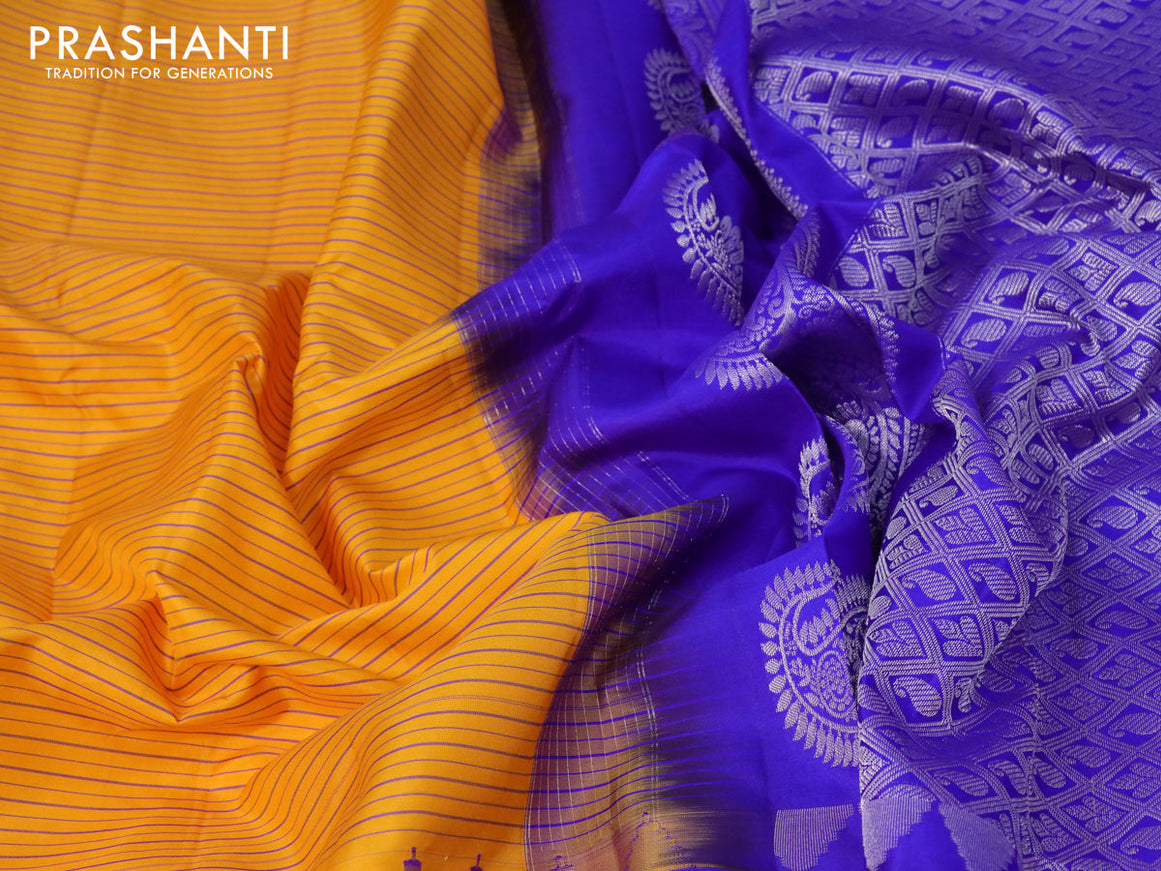 Pure gadwal silk saree mango yellow and blue with allover stripes pattern and rettapet silver zari woven border