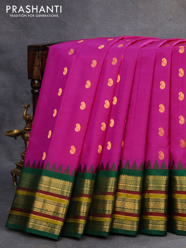 Pure gadwal silk saree pink and green with paisley zari woven buttas and temple design zari woven border
