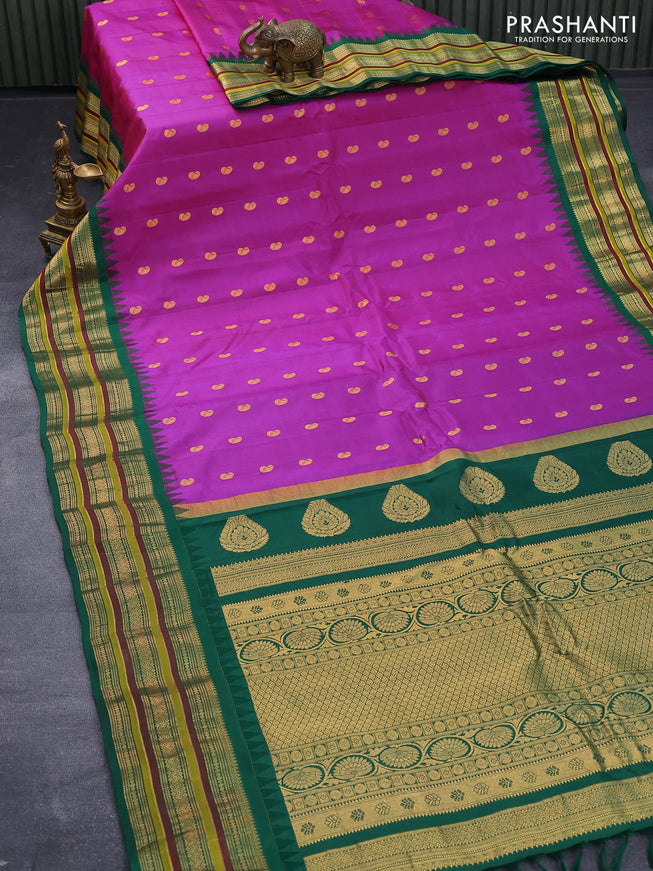 Pure gadwal silk saree pink and green with paisley zari woven buttas and temple design zari woven border