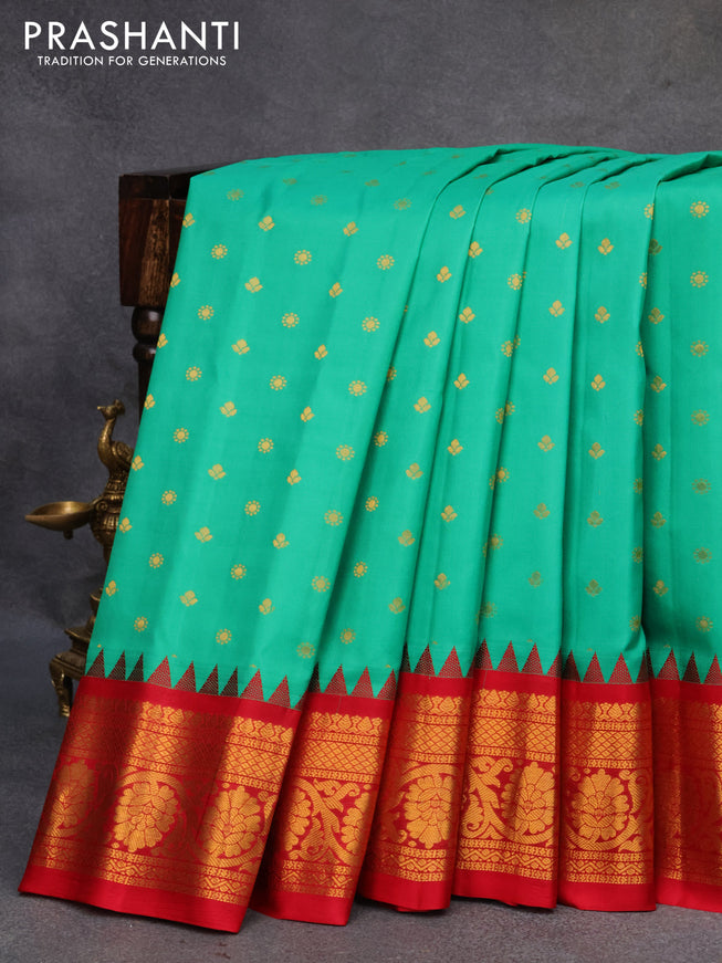 Pure gadwal silk saree teal green and red with allover zari woven buttas and temple design zari woven floral border