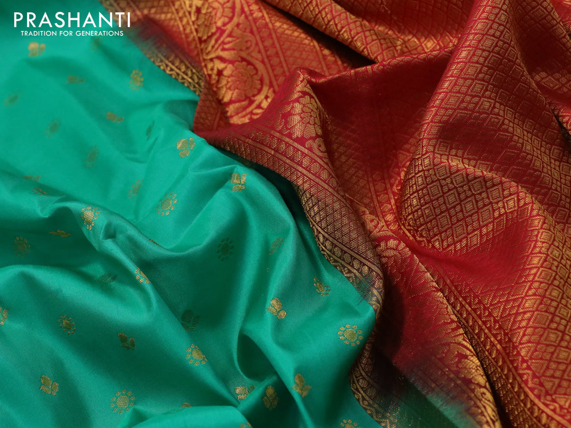 Pure gadwal silk saree teal green and red with allover zari woven buttas and temple design zari woven floral border