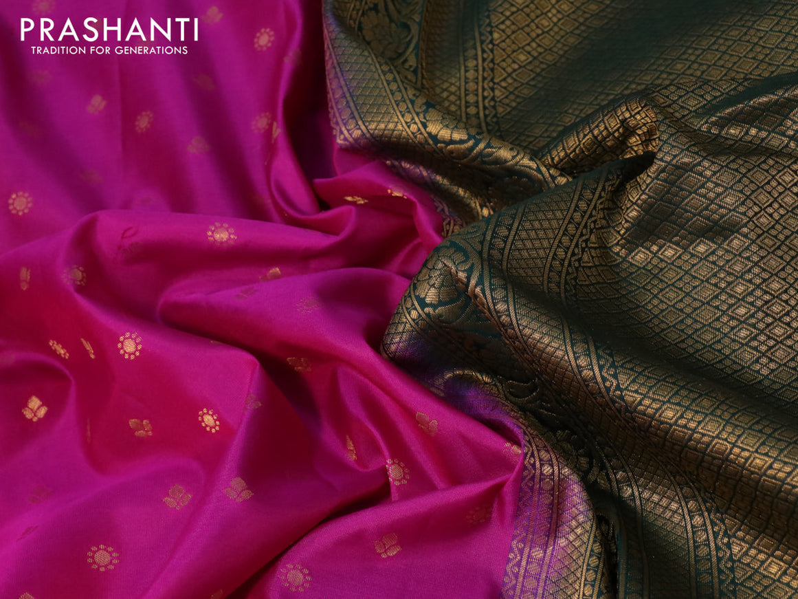 Pure gadwal silk saree magenta pink and dark green with allover zari woven buttas and temple design zari woven floral border