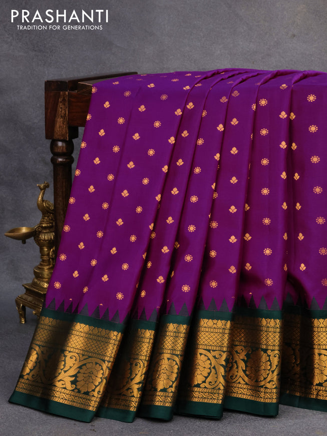 Pure gadwal silk saree deep purple and dark green with allover zari woven buttas and temple design zari woven floral border