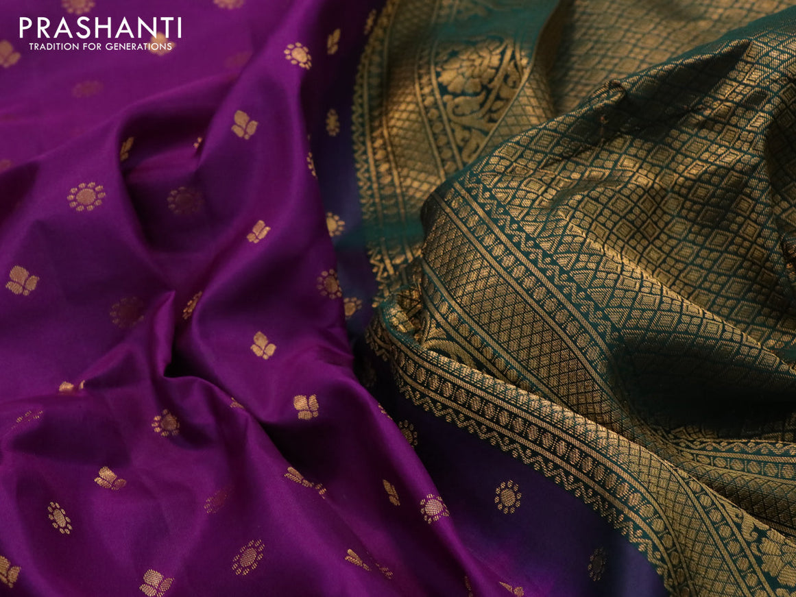 Pure gadwal silk saree deep purple and dark green with allover zari woven buttas and temple design zari woven floral border