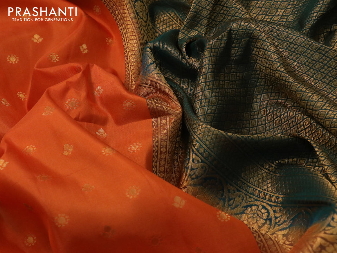 Pure gadwal silk saree orange and dark green with allover zari woven buttas and temple design zari woven floral border
