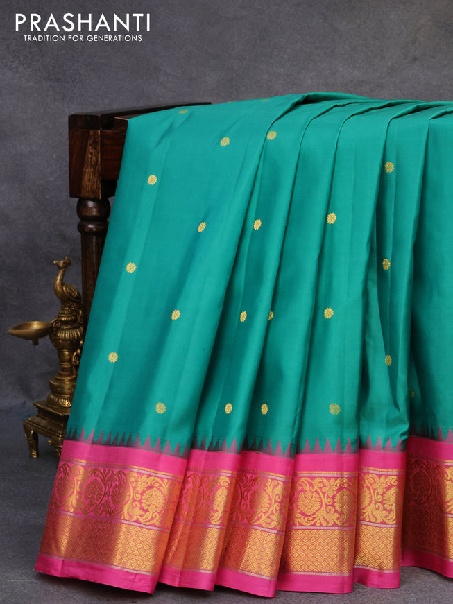 Pure gadwal silk saree teal green and pink with zari woven buttas and temple design floral zari woven border