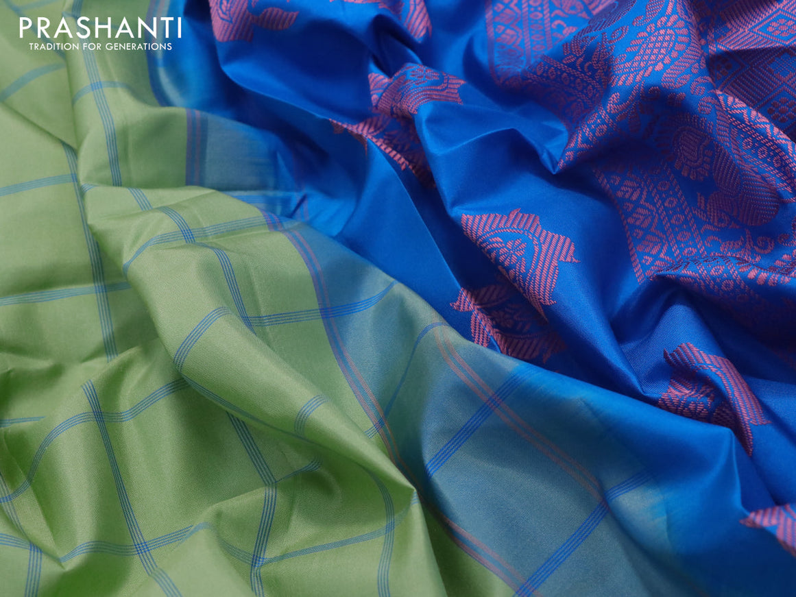 Pure gadwal silk saree pastel green and cs blue with allover checked pattern and temple design thread woven border