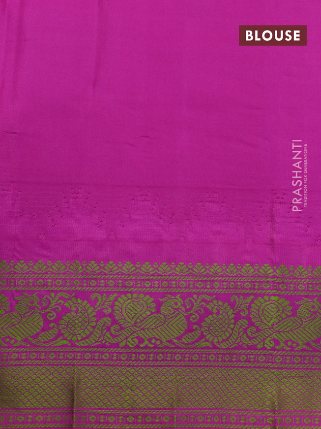 Pure gadwal silk saree mango yellow and magenta pink with allover checked pattern and temple design thread woven border