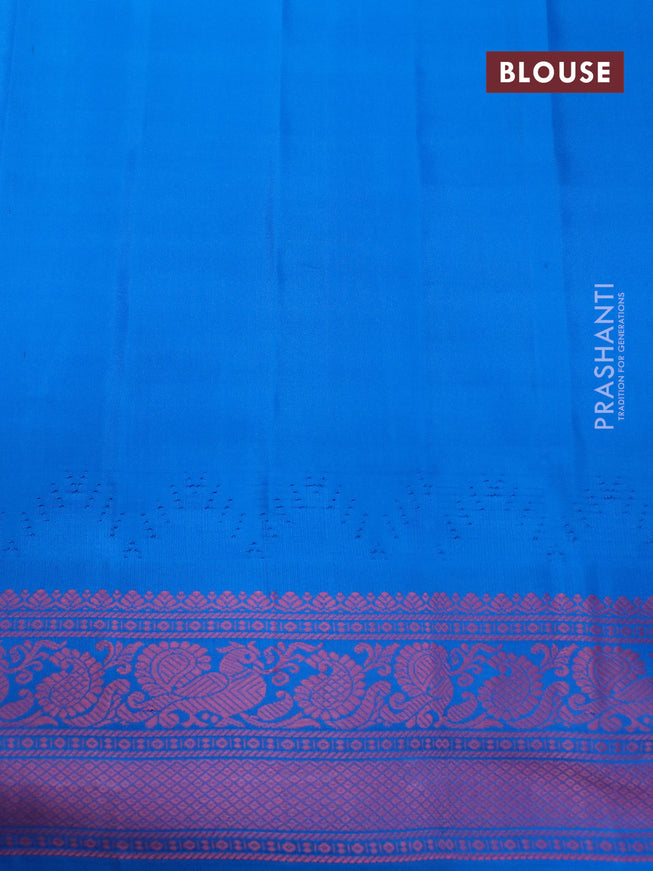 Pure gadwal silk saree lavender shade and cs blue with allover checked pattern and temple design thread woven border