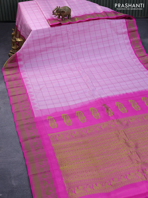 Pure gadwal silk saree pastel pink and pink with allover checked pattern and temple design thread woven border