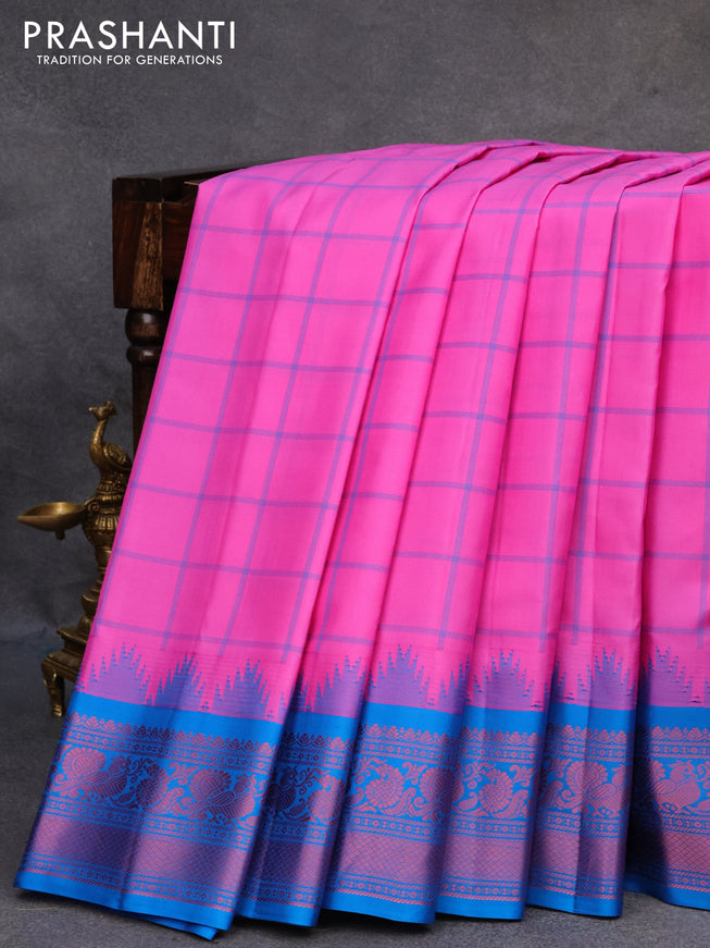 Pure gadwal silk saree light pink and cs blue with allover checked pattern and temple design thread woven border