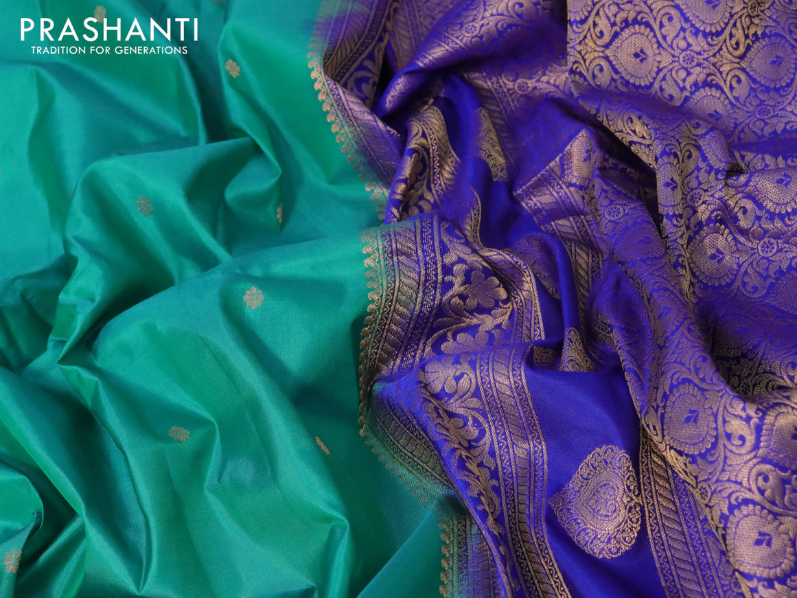 Pure gadwal silk saree teal green and blue with zari woven buttas and temple design floral zari woven border